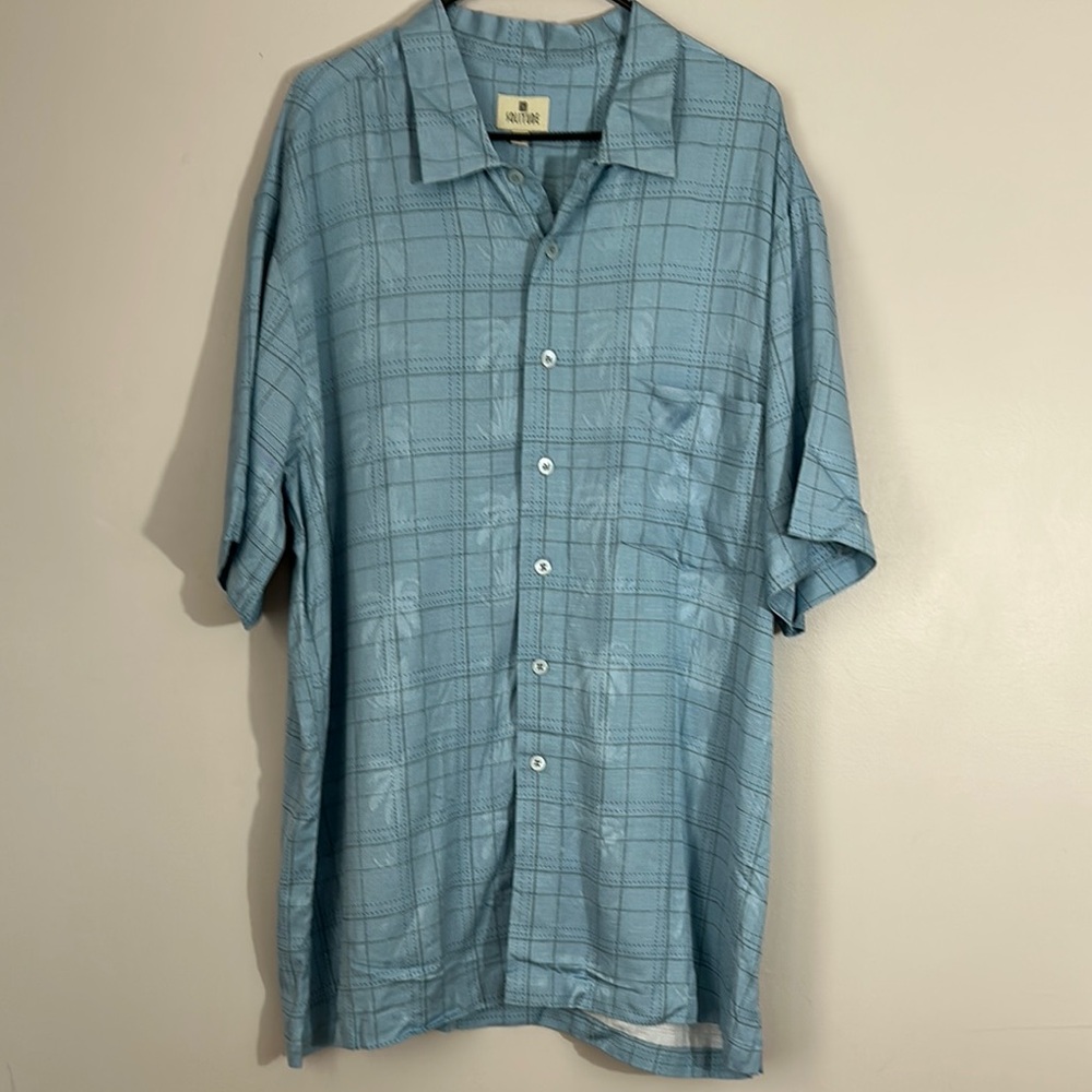 Solitude, palm tree plaid button down short sleeve Blue Men's Shirt size XL